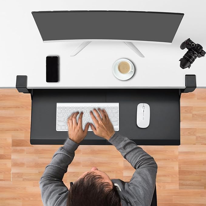 ETHU Keyboard Tray Under Desk, Pull Out Keyboard & Mouse Tray with C-clamp, Ergonomic Desk Keyboard Tray Slide Out, Pull Out Platform Drawer for Home and Office（Black）