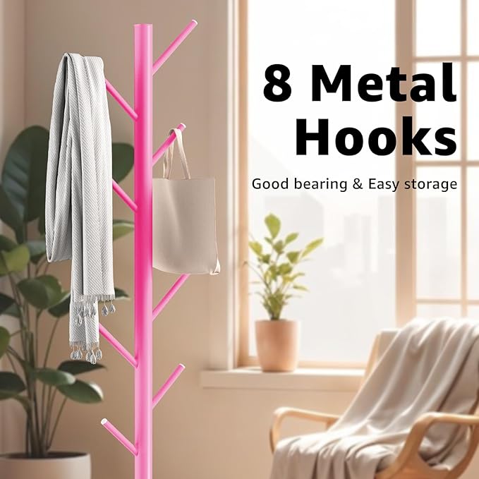 Coat Rack with Natural Marble Base, Metal Freestanding Coat Rack with 8 Hooks, 3 Adjustable Size Sturdy Coat Tree for Bags, Coats, and Hats for Entryway, Hallway, Bedroom, Office, Pink