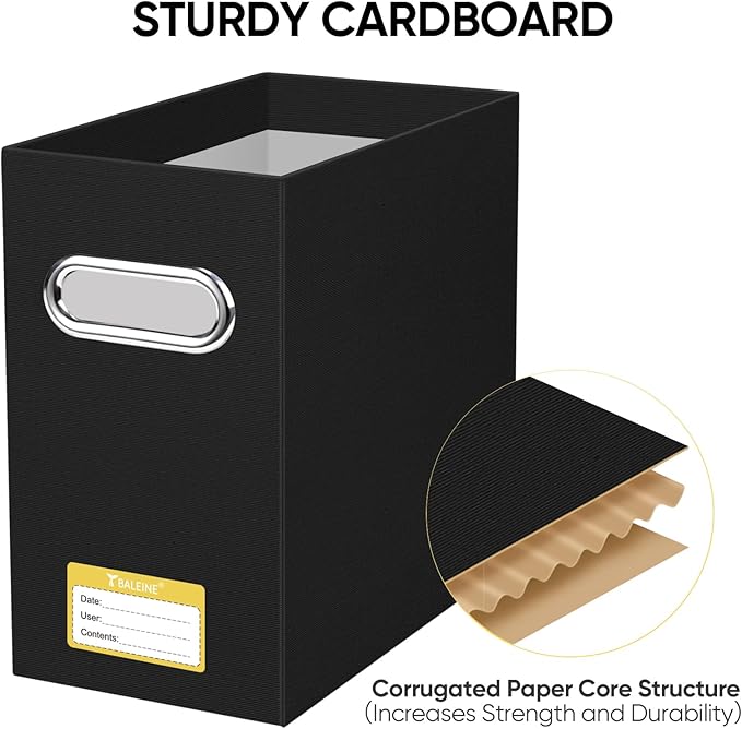 BALEINE File Organizer Box, Cardboard File Folder Organizer with Handle for Letter Size, Portable Collapsible Hanging Filing Box for Home Office Document Storage (4 Pack, Black)