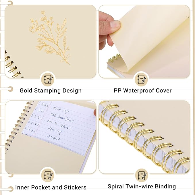 3 Pcs Spiral Notebook 5.9x8.3, 140 Pages Small Notebook for Women A5 College Ruled Journals Cute Notebooks with Large Pockets and Index Stickers for Home School Office Use（Green, Beige, Orange）