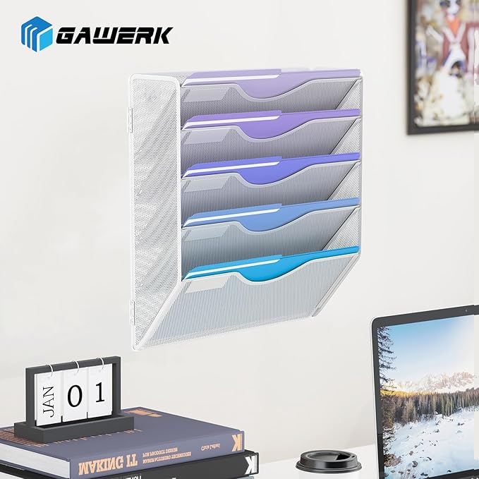 5 Tier Hanging Wall File Organizer, Mesh Mail Paper Orgnization Hanging File Folder Holder for Home Office, White