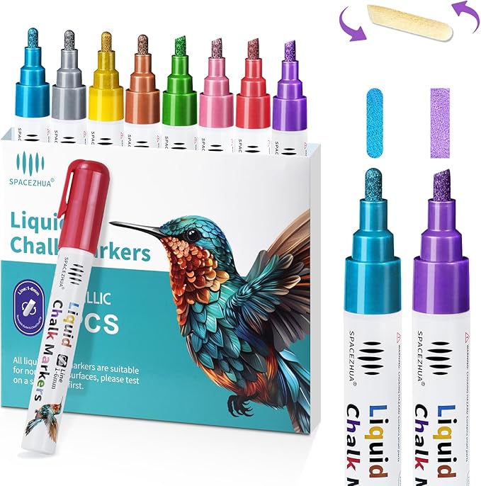 Chalk Markers for Blackboard 8 Metallic Colors, 6mm Reversible Bullet & Chisel Tips, Chalk Pens Wet & Dry Erasable Markers for Whiteboard, Chalkboard, Calendar, Windows, Glass, Signs