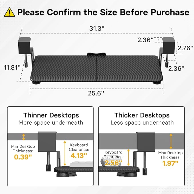 BONTEC KMT01-PJ Under Desk Keyboard Tray, Pull-Out Keyboard & Mouse Platform with C-Clamp, 20 x 11.8 in Space-Saving Ergonomic Slide-Out Drawer, Black Carbon Fiber