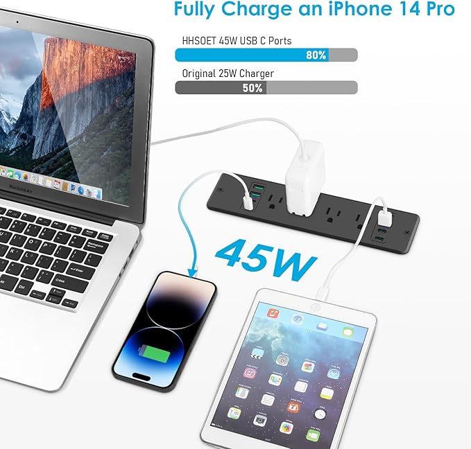 HHSOET 16 in 1 Recessed Power Strip Flat Plug, 45W Fast Charging Furniture Outlet with USB, Conference Recessed Surge Protection with 8 AC Plugs, 4 USB Ports 4 USB-C, 10ft Power Cord.(Black)