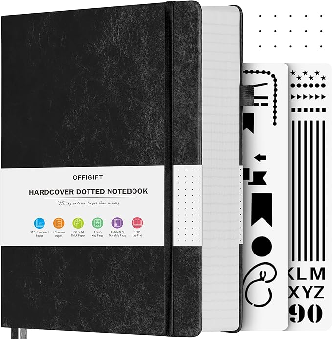 Bullet Dotted Journal Notebook, 312 Numbered Pages A5 Hardcover Leather Journal, 100gsm No Bleed Paper Dot Grid Notebook with Index Pages, Dot Journal for Women Men, 5.75" x 8.38", Black