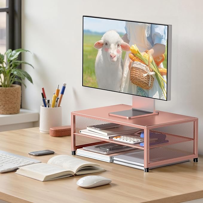 Computer Monitor Stand Riser, Desk Organizers and Accessories, Printer & Laptop Stand, Office Desk Accessories & Desktop Workspace Organizers for Office Supplies (Rose Gold)