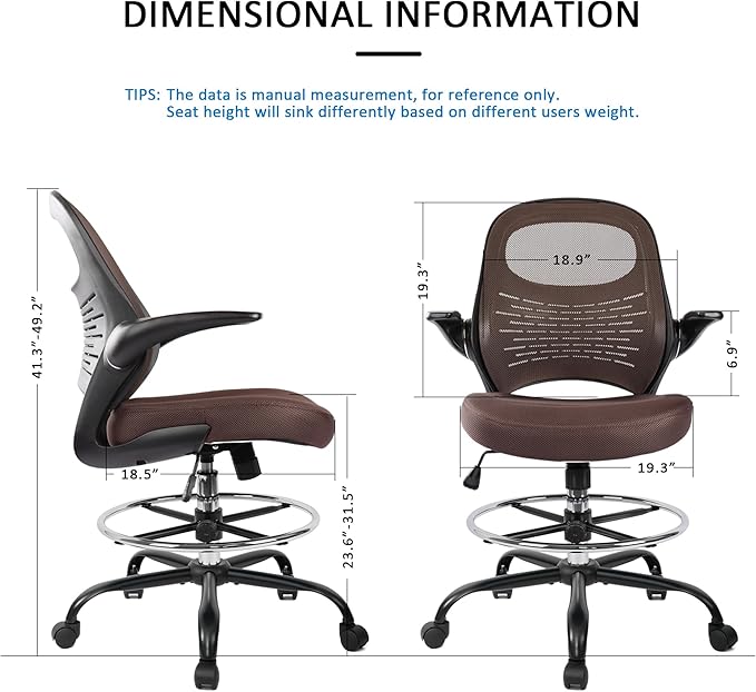 HYLONE Tall Drafting Chair Standing Desk Chair with Flip-Up Armrests, Adjustable Height Ergonomic Office Chair with Footrest Ring - High Stool Chair for Standing Desk (Brown)