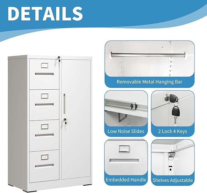 4 Drawer Filing Cabinet with Lock, Metal Storage Locker Cabinets for Home Office, File Cabinet for Hanging File Folders Letter/Legal/A4/F4 Size Documents, Assembly Required