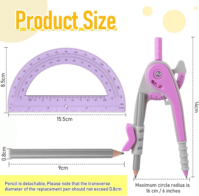 Chengu 6 Set Compass and Protractor Set, Multicolor Compass Geometry Tool 6 Inch 180 Degree Translucent Protractors for Geometry, Math Graphing Drawing Tools for Office and School Supplies