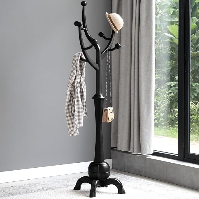 Heavy Duty Coat Rack Freestanding Wood Tree Rack with 8 Hooks, Unique Design Tree Branch-look, Premium Coat Tree Clothes Hanger Stand with Sphere Base for Entryway, Hallway, Bedroom-Load 160lbs Black