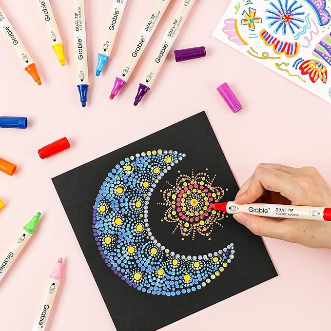 Grabie 36 Dual Tip Acrylic Paint Markers, Acrylic Paint Pens, Fabric Markers for Fabric, Canvas, Rock, Glass, Wood, Paper, DIY, Canvas DIY Art Supplies Kit