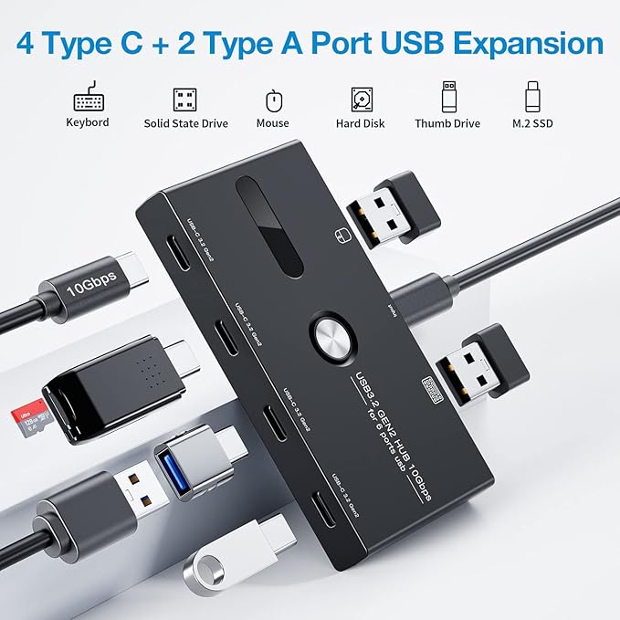 10Gbps USB C Hub, 6 Ports USB C Splitter, USB C to USB C Hub for PC, Laptop, MacBook Pro/Air, iMac, Surface Pro, Chromebook, Etc(HUB ONLY, Not Support Charging/Monitor)