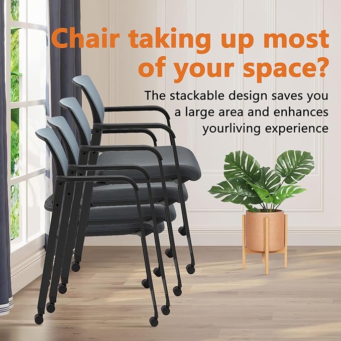 CLATINA Mesh Back Stacking Arm Chairs with Upholstered Fabric Seat and Ergonomic Lumbar Support for Office School Church Guest Reception (WithWheels Gray- 2 Pack)