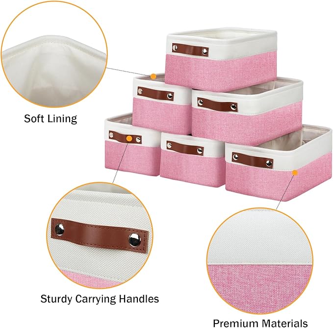 DULLEMELO Small Storage Baskets 6 Pack, Fabric Collapsible Gift Storage Baskets for Shelves, Closets, Nursery, Home, Office Organizing,Small Canvas Linen Rectangular Storage Bins (6-Pack, White&Pink)