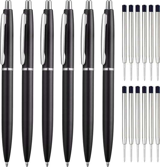 ChaoQ 6 Pcs Retractable Metal Ballpoint Pens, for Gift, Business, Office, 1.0mm Medium Point Black Ink, 12 Extras Replaceable Metal Refills - Black