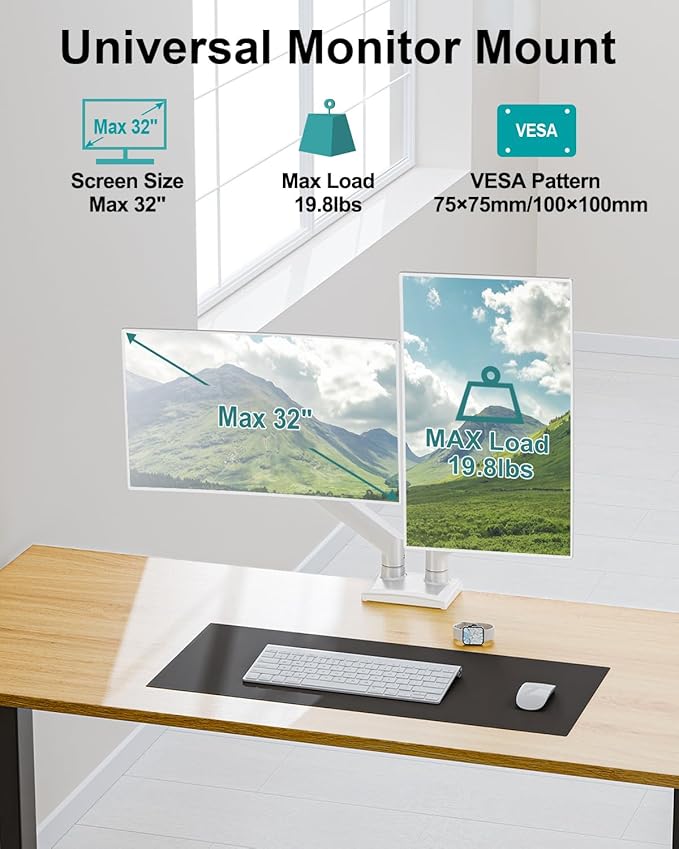 Dual Monitor Desk Mount - Adjustable Monitor Arm for 2 Monitors up to 32 inches/19.8 lbs, Double Monitor Stand VESA Bracket with C-Clamp & Grommet Mounting, Computer Screen Mount, White, Freelift