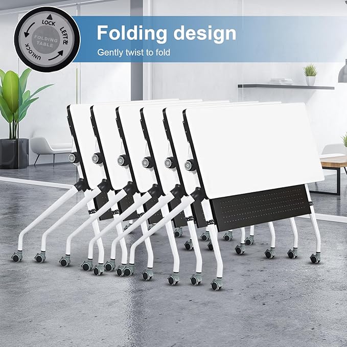 Conference Table, Folding Conference Room Tables, Mobile Training Tables with Silent Wheels, Large Rectangular Modular Seminar Table Office Computer Desks for Classroom White (2Pack L55.1in)