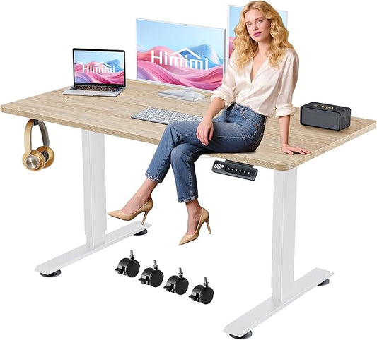 Himimi Electric Standing Desk 55 x 24 inch for Home Office,Sit-Stand Adjustable Desk with Memory Presets,Height Adjustable Desk for Gaming/Working,Free Hook, Lockable Wheels,Mouse Pad,Oak