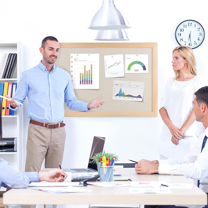 Bulletin Board Cork Board with Linen, 100% Wood Framed 30" x 20" Bulletin Board Decorations, Pin Boards for Walls, Wall Mounted Fabric Picture Board with 10 Pushpins for School, Home & Office, Natural