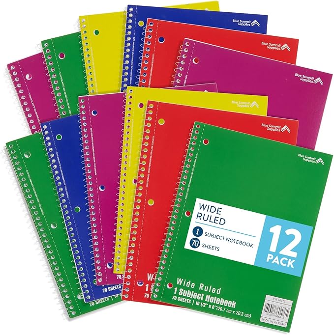Blue Summit Wide Ruled Spiral Notebook, 1 Subject Spiral Notebook Wide Ruled, Paper School Notebooks Bulk, 12 Pack
