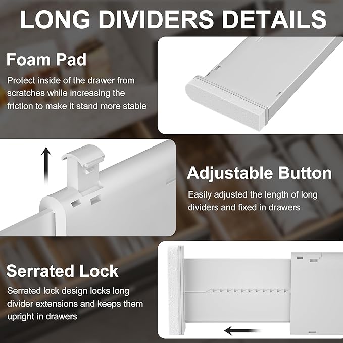 HiYZ Expandable Drawer Dividers with Inserts - Adjustable Drawer Organizers Separators for Kitchen, Bedroom, Dresser, Office, 8 Long Dividers(12.6-22.8 IN) with 16 Inserts(3.9-7.1 IN) - Gray