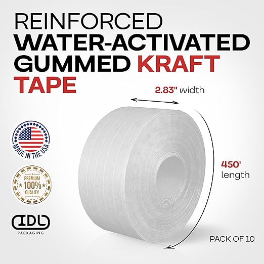 IDL Packaging 2.83" x 450 feet Reinforced Water-Activated Kraft Gummed Tape 30lb Thickness (Pack of 10) - Secure Paper Packing Tape for Secure Carton Sealing - Heavy-Duty for All Conditions, White