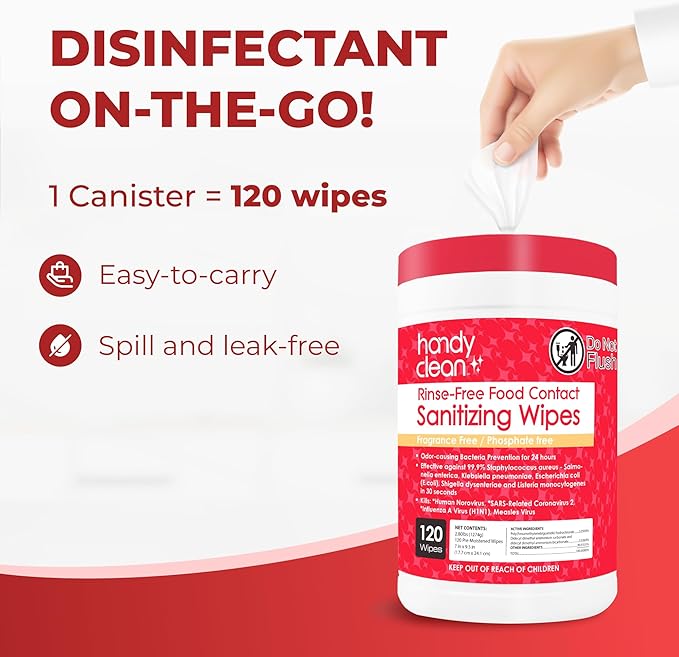 HandyClean Rinse-Free Food Contact Sanitizing Wipes Canister, Multi Surface Cleaning Supplies for Kitchen and Professional Setting One Canister (120 Wipes)