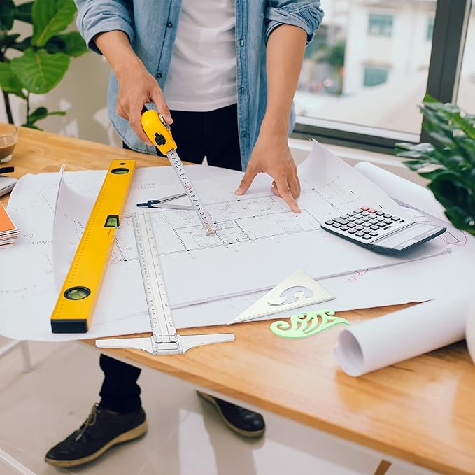 Frienda 5 Pieces Drafting Tools 12 Inch T-Square Ruler Plastic Transparent Drawing Ruler 180 Degree Protractor, 2 Triangles and a French Curve for Students and Engineering Drawing