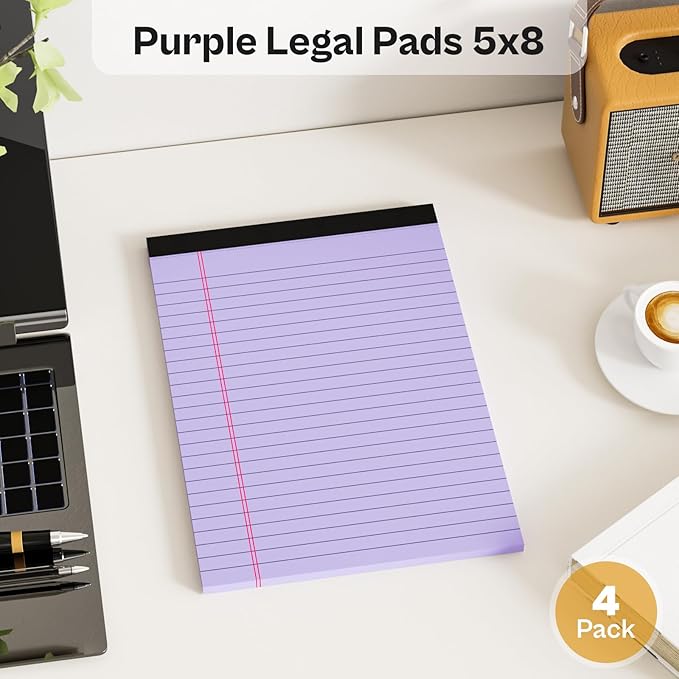 4 Pack Note Pads 5 x 8 Inch Purple Small Legal Pads 5 x 8 Colored Notepad 5 x 8 Perforated Writing Pads Lined Paper Pads College Ruled Pad Paper 30 Sheets Notebook for Study, To-Do Lists, Office