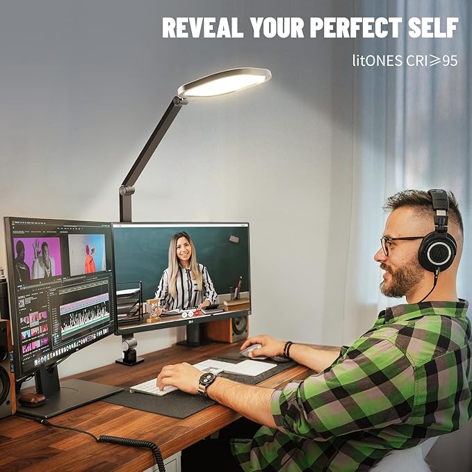 Desk Lights for Home Office, 1200 Lumen LED Desk Lamps with Clamp, Highly Eye-Caring Video Conference Light for Computer, 3 Color 10 Brightness Levels for Ideal Lighting, Remote, Memory & Timer