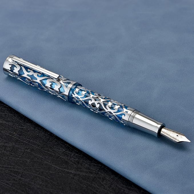 Hongdian D1 Piston Fountain Pen Fine Soft Nib, Silver Blue Hollow Skeleton & Resin Pen with Metal Case Set