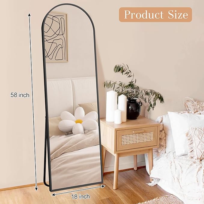 Arched Full Length Mirror, 58" x 18" Floor Mirror with Stand – Shatterproof Tempered Glass, Modern Aluminum Frame, Multi-Mount for Bedroom, Living Room, Gym, Black
