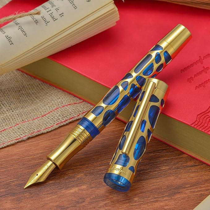 Asvine V169 Vacuum Filling Fountain Pen Extra Fine Nib, Water Drop Skeleton Gold Trim Transparent Blue Acrylic Pen Case Set