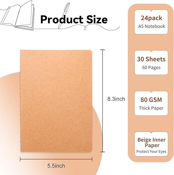 24 Pack Blank Kraft Notebooks, 8.3x5.5 Inches A5 Small Journals Bulk Blank Notebooks 80 Gsm Unlined with 60 Pages A5 Subject Notebooks Traveler Journal Set for Adult Students Back to School Supplies