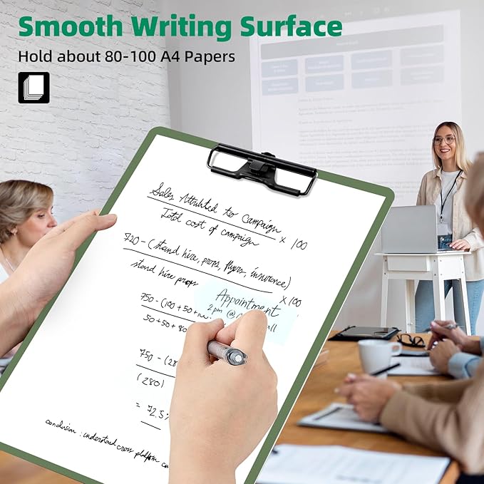 Clipboard with Pen Holder, Plastic Clipboard with Low Profile Metal Clip, Hanging Clip Boards Holds 8.5x11 Inch Papers, Standard A4 Letter Size Clip Boards for Offices & School, Green