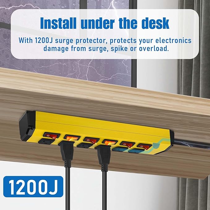 ANNQUAN 6 Outlet Metal Power Strip with 6 Individual Switches,Heavy Duty Power Strip 1200J 15A 25FT Cord Home Office Industrial Commercial Shop