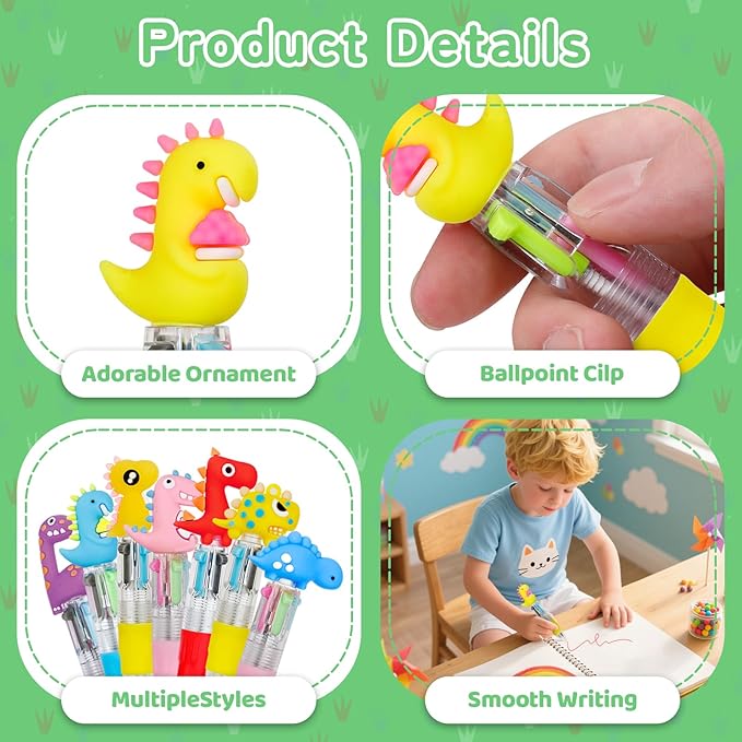 30Pcs Mini Multicolor Pens in One 4-in-1 Cute Pens Bulk for Kids, Ballpoint Pen for Birthdays and Children's Parties, Fun Gifts Assorted Ink Kawaii Pen(Dinosaur)