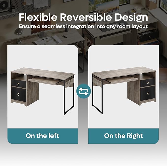 Bestier 55 Inch Computer Desk with Keyboard Tray, Modern Office Desk with Storage, Wood Writing Desk with File Drawer, Fluted Panel & 2 Hooks for Home Office & Studio, Grey