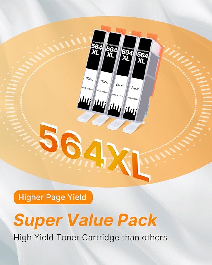 564XL Ink Cartridge for HP Printer Replacement for HP 564 XL 564XL Ink Cartridge Combo Pack for DeskJet 3520 3522 Photosmart 7520 6520 5520 7525 5514 7510 OfficeJet 4620 Printers, 4 Pack (Black)