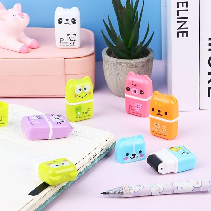 36 Pieces Erasers for Kids Cute Animal Cartoon Eraser with Cover and Roller Cases 6 Patterns Soft Pencil Rubber for Office Back to School Gifts Supplies Animals Themed Fun Party Favor