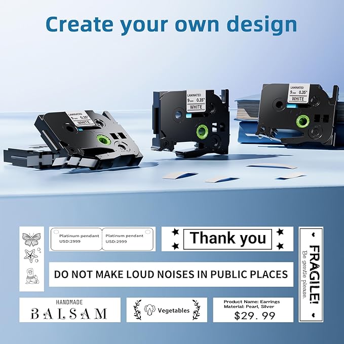 Airmall TZe-221 TZ Tape 9mm 0.35 Laminated White Replacement for Brother P Touch Label Tape 9mm Label Maker Tape Work with Brother Label Maker Tape PT-D210 PT-D220 PT-H103W PT-1890 PT-D600, 4-Pack