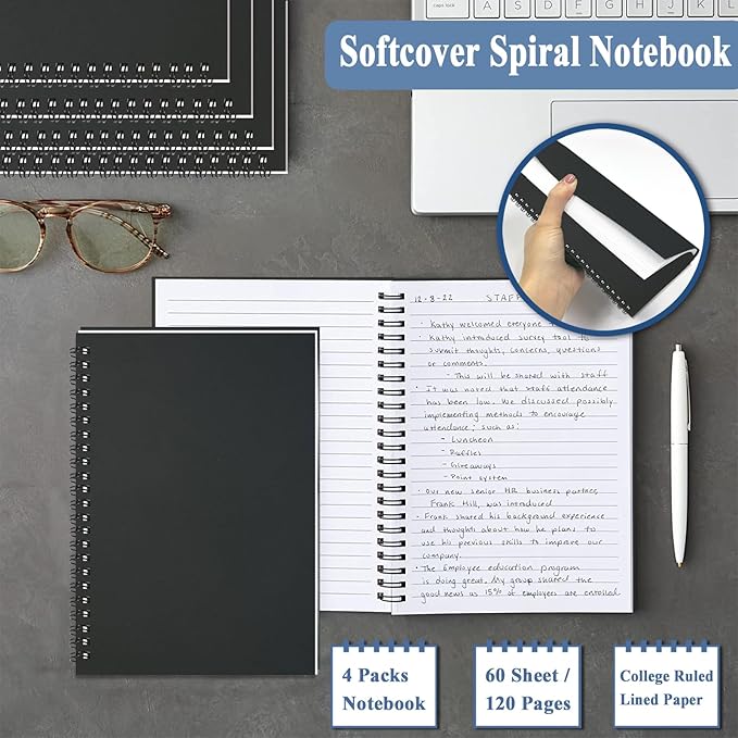 12Pack Small Spiral Notebook A5, 8.25x5.5” 120 Lined Pages Black Wide Ruled Spiral Journal Bulk Blank Kraft Cover Spiral Bound Notebook & Writing Pads for Home Office Meeting Work Note Taking