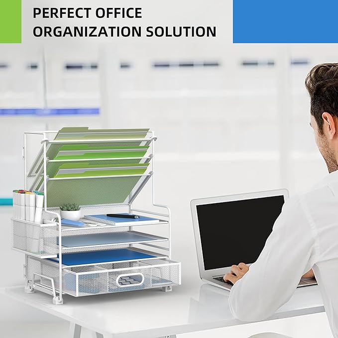 4-Tier Paper Organizer + 3-Pocket File Holder + Drawer + Pen Holders, Desktop File Organizers Paper Tray for Office Supplies School Classroom Organization (White, with Drawer & Pen Holder)