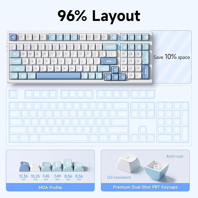 G98 PRO Wireless Gaming Keyboard, Tri-Mode Connection Mechanical Keyboard, Hot Swappable Custom Gasket Structure, Pre-lubed Linear Switches, Double Shot PBT Keycaps, RGB LED Backlit, Blue&White