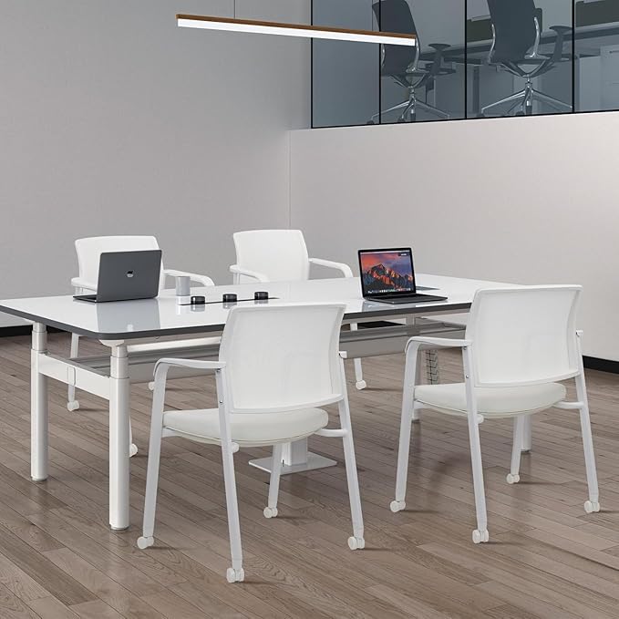 CLATINA Stacking Office Chairs with Wheels | Mesh Back, Thicken Leather Seat and Streamline Armrests, Ergonomic Lumber Support | School, Desk, Guest Reception, Waiting, Conference | Set of 8, White