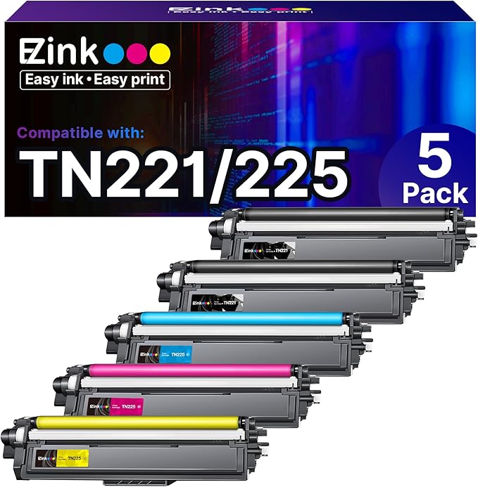 E-Z Ink Compatible TN221 TN225 Toner Cartridge Replacement for Brother TN-221 TN-225 to Use with MFC-9130CW HL-3170CDW MFC-9340CDW HL-3140CW MFC-9330CDW (2 Black 1 Cyan 1 Magenta 1 Yellow, 5 Pack)