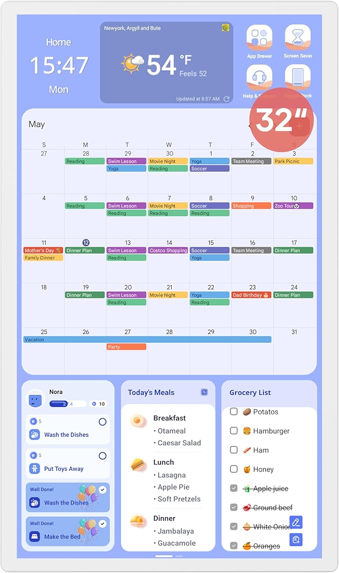Digital Calendar+ 2: 32 Inch Wall Touch Screen Chore Chart Customize Dashboard Smart Electronic Calendar for Family Schedules Meal Planner Supports All Google Play Apps Wall Mount White