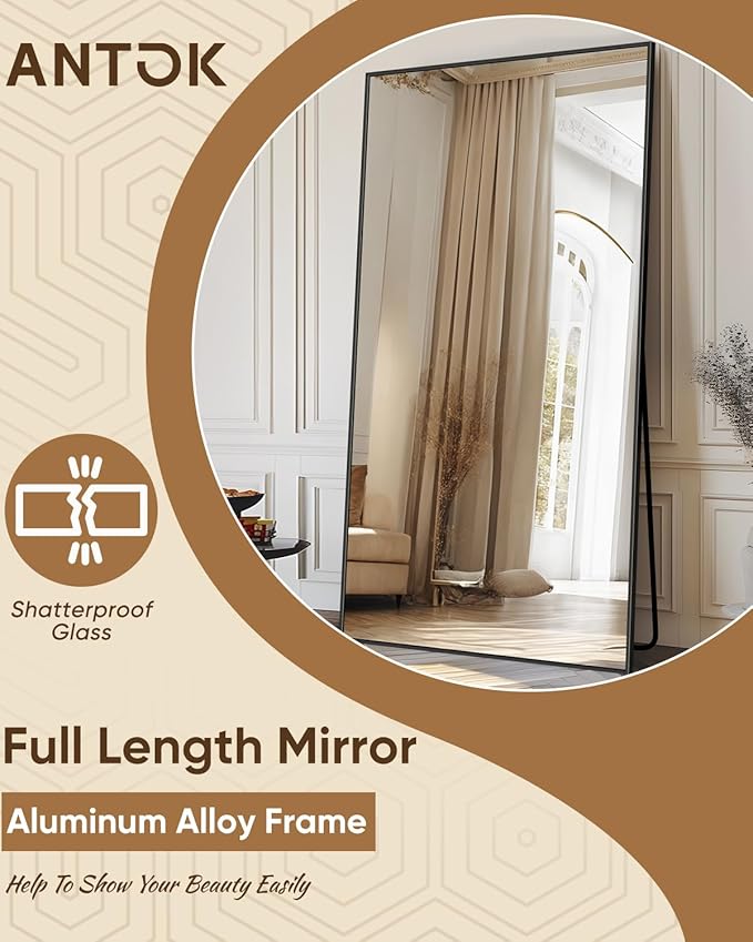 Antok Full Length Mirror, 81"x41" Floor Mirror, Floor Standing Freestanding Full Body Mirror with Stand for Bedroom, Hanging Mounted for Living Room Cloakroom, Black