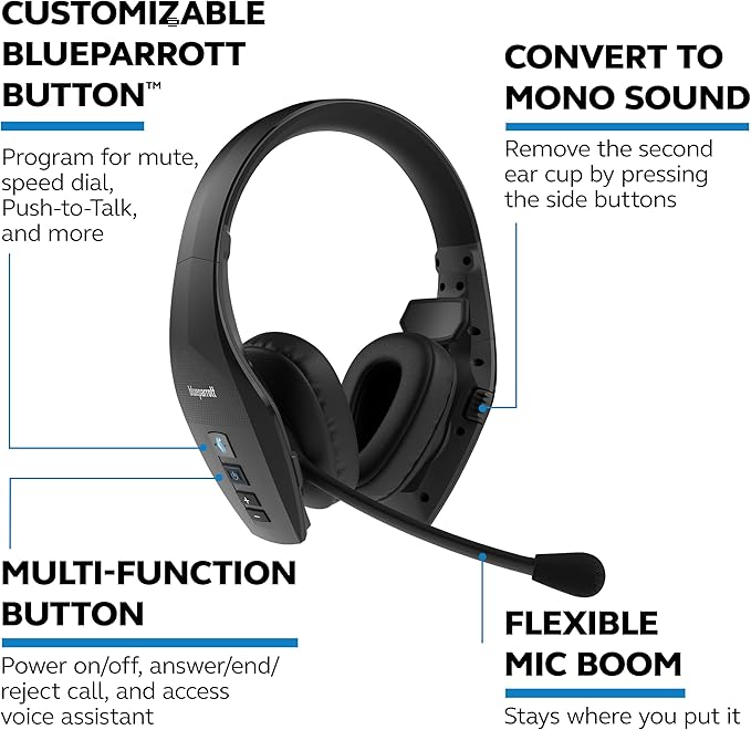 BlueParrott S650-XT Bluetooth Wireless Headphones 96% Noise Canceling Over Head Trucker Headset with Mic, 2-in-1 Convertible Stereo to Mono with ANC, IP54-Rated Protection, 36 hrs. Talk Time, Black