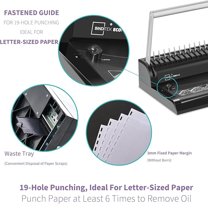 Binditek Binding Machine, 19-Hole, 145 Sheets, Comb Binder Machines with 30 PCS 1/2" Binding Combs, for Letter Size, Fixed Margin